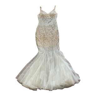 Faviana Glamour White Silver Rhinestone Sequined Taffeta Mermaid Gown Dress 8